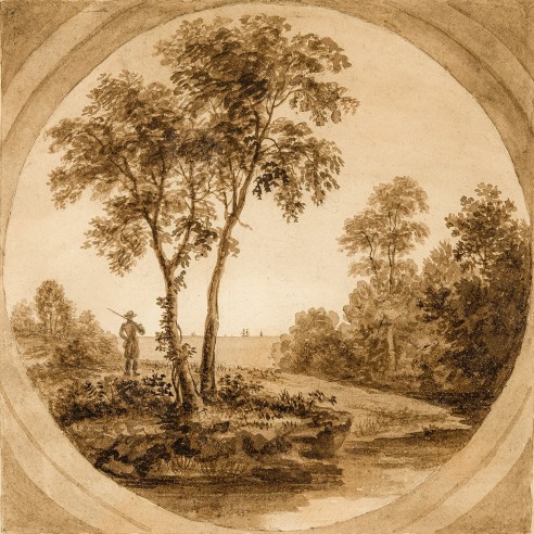 THOMAS BIRCH (1779–1851), "Coastal Scene," c. 1850. Sepia wash drawing, 8 15/16 x 8 13/16 in. 