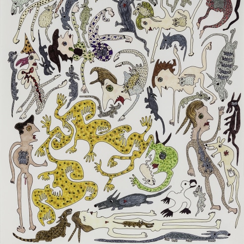 a densely-packed, fantastical drawing of naked figures and wild animals by self-taught artist Jeanne Brousseau