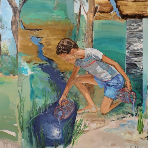 a painting by James Everett Stanley of a girl pouring water from pitchers into two separate streams in fractured landscape of grass, marshland and sea