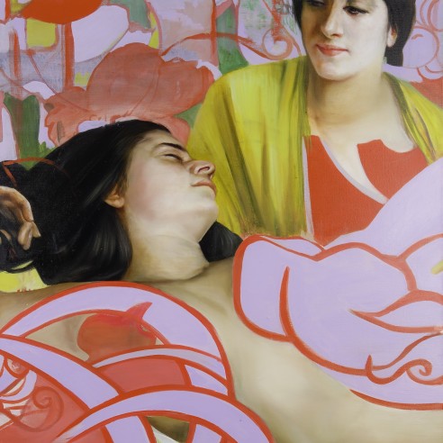 a woman sleeps while another woman watches her in this painting by Angela Fraleigh