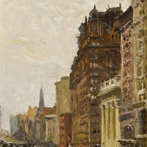 COLIN CAMPBELL COOPER (1856–1937), "Waldorf Astoria, New York," about 1908. Oil on board, 14 x 10 3/4 in. (detail).