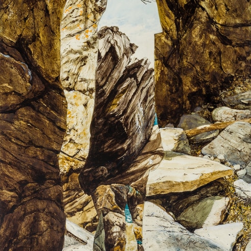 A landscape by Colin Hunt showing rocks and a hidden figure