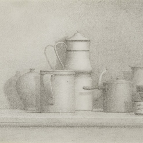 William Bailey (1920–2020), "Stil Life," 1977. Pencil on paper, 15 x 22 1/2 in. (detail).