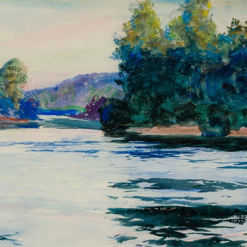 FRANK W. BENSON (1862–1951), "River Landscape," 1924. Watercolor on paper, 14 1/4 x 20 1/2 in. (detail).