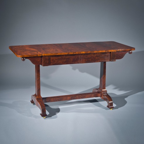 Sofa Table, later 1830s. Attributed to D[uncan] Phyfe and Sons (active 1837–40), New York. Mahogany, with gilt brass castors, 29 7/8 in. high, 24 in. wide, 36 3/4 in. long; 56 1/8 in. long (with both leaves extended).