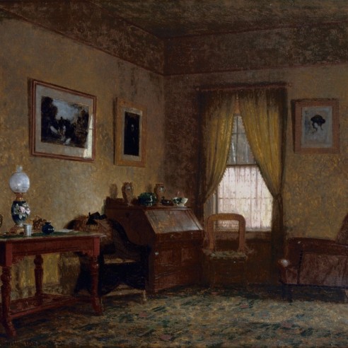 GEORGE HENRY YEWELL (1830–1923), "General Grant’s Parlor, Drexel Cottage, Mount McGregor, New York," 1885. Oil on canvas, 15 x 19 in. (detail).