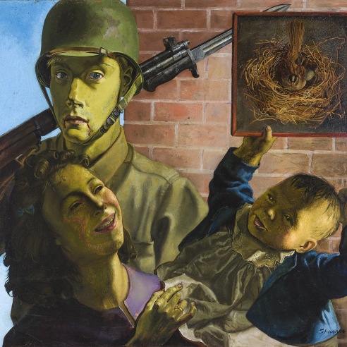 HONORÉ SHARRER (1920–2009), "Soldier, Wife, and Child," about 1949–51. Oil on Masonite, 26 1/8 x 27 1/4 in. (detail).