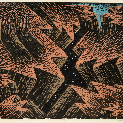 Image of Louisa Chase's Chasm, created in 1983. Color woodcut on Japanese fiber paper, 26 by 30 inches. 