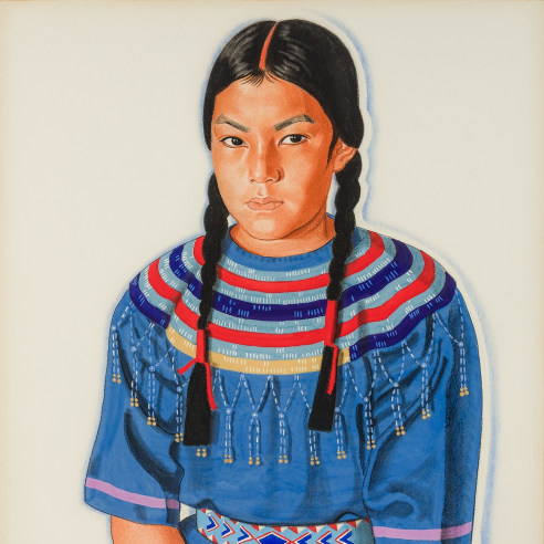 WINOLD REISS (1886–1953), "Long Time River Woman (Blackfoot Maiden)," 1943. Mixed media on paper, 29 1/2 x 21 1/4 in. (detail).