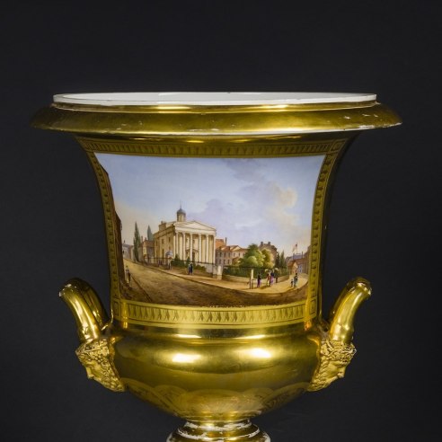 “Old Paris” Porcelain Crater-Form Vase with Two Views of Philadelphia, about 1830–32 French Porcelain, painted and gilded, with iron tie-rod for assembly 15 9/16 in. high, 11 1/4 in. diameter (at the top)