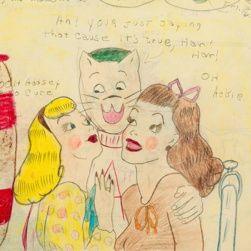 a drawing by self-taught artist Mary P. Corbett of her "The Catville Kids" in Tillie's Store, wherein a cat-faced young man is hugging two young women
