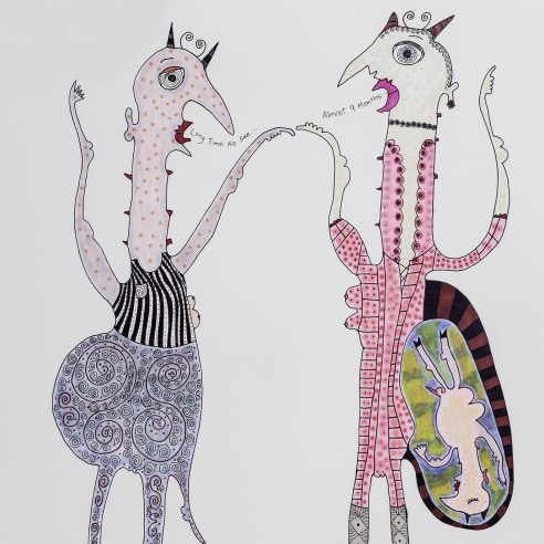 a drawing by self-taught artist Jeanne Brousseau of two women talking, one of whom is pregnant