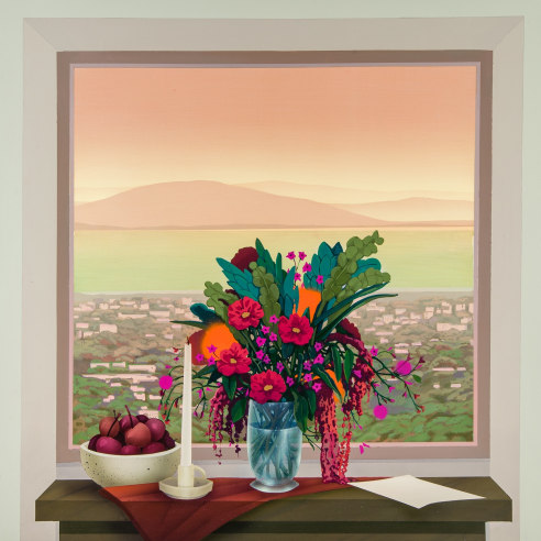 The Promise, by Robert Minervini, showing flowers and objects in front of a window