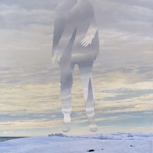 an egg tempera painting by Colin Hunt of a silhouette's void hovering over a snowy landscape