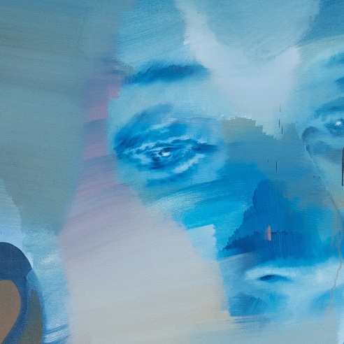 a painting by Eric Helvie wherein a photorealist portrait is obscured by layers of blue and brown paint applied in an abstract style