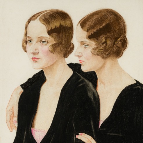 WINOLD REISS (1886–1953), "Twins." Pastel on Whatman board, 30 x 21 3/4 in. (detail).