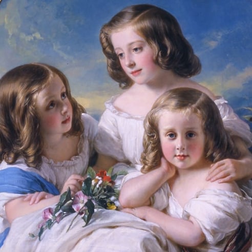 HERMANN FIDEL WINTERHALTER (1808–1891), "Trois demoiselles de la famille de Chateaubourg," 1850. Oil on canvas (oval), 40 1/4 x 32 in. (detail).