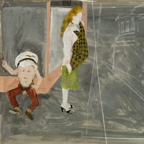 a surrealist work on paper by Honore Sharrer featuring a crying woman and a half-man wearing a sailor's hat