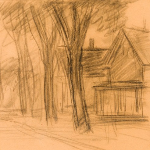 EDWARD HOPPER (1882–1967), "Study for 'Two Puritans',” about 1945. Charcoal on paper, 8 1/2 x 11 in. (detail).