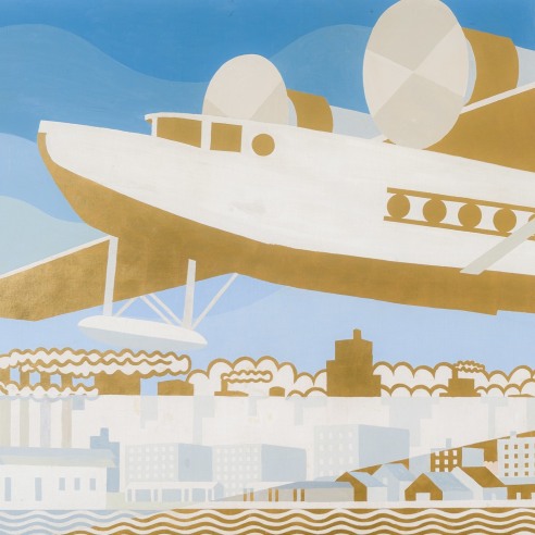 a blue, white and gold Deco mural by American Modernist Winold Reiss depicting different types of transportation, like a plane, a train, and a car