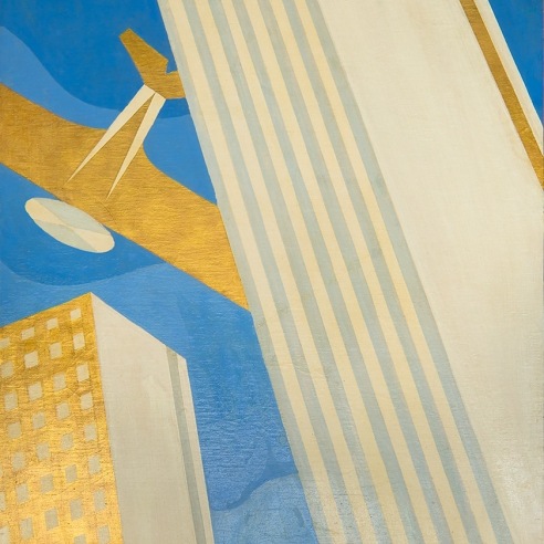 WINOLD REISS (1886–1953), "City of the Future (Vertical Mural panel "Fb"), 1936. Oil, gold leaf, and gold paint on canvas, 118 x 32 in. (detail).