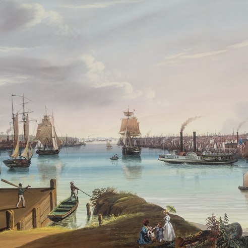 NICOLINO CALYO (1799–1884), "New York and Brooklyn from Williamsburgh," 1838. Gouache on paper, 26 x 39 3/8 in. (detail).