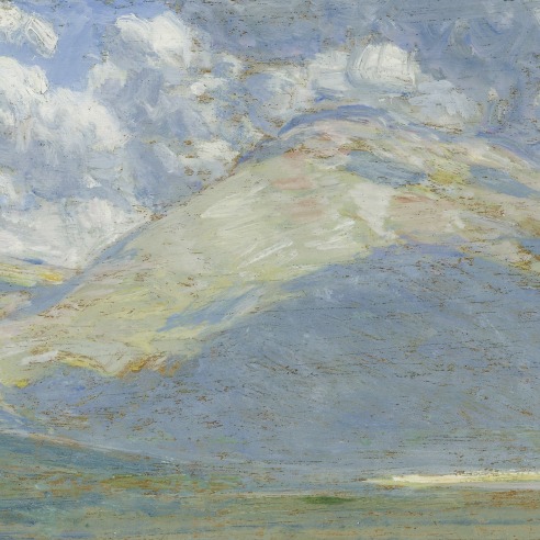 CHILDE HASSAM (1859–1935), "Landscape, Eastern Oregon (Clouds and Mountains)," 1908. Oil on panel, 5 3/8 x 8 1/4 in. (detail).