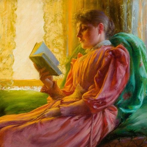 CHARLES COURTNEY CURRAN (1861–1942), "Girl in Window Seat," 1892. Oil on canvas, 18 3/8 x 26in. (detail).