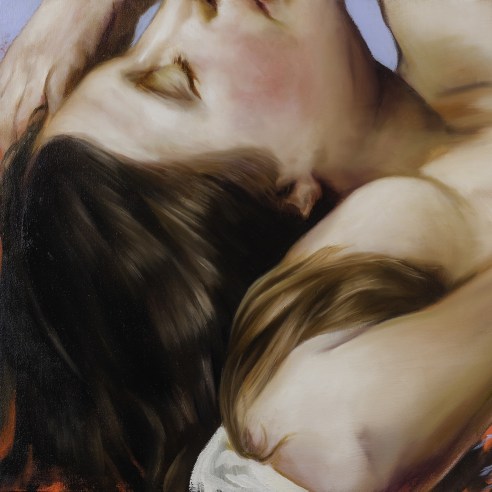 a painting by Angela Fraleigh of a close-crop view of a sleeping woman 