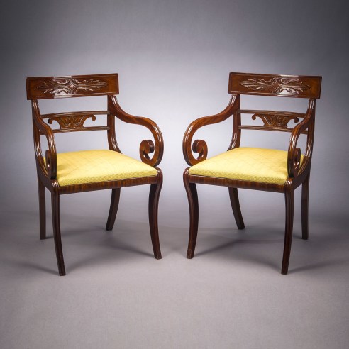 Pair Klismos-form Armchairs, about 1820. Attributed to Issac Vose & Son, Boston (active 1819–25). Mahogany, 32 1/16 in. high, 20 3/4 in. wide, 20 1/2 in. deep (overall).