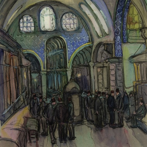 JANE PETERSON (1876–1965), "The Grand Bazaar, Constantinople," 1914. Gouache and charcoal on light gray paper, 23 1/4 x 17 3/4 in. (detail).