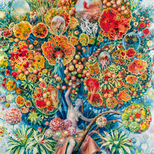 a painting by Julie Heffernan of a woman in a large gold skirt, straddling a tree trunk whose branches contain abstract flowers and art historical depictions of Laocoön