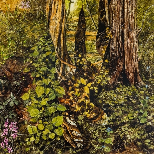 A landscape by Colin Hunt showing rocks and trees and hidden figures 
