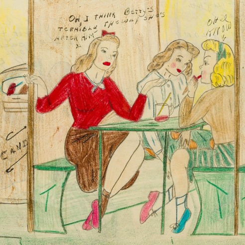 a drawing by self-taught artist Mary P. Corbett of her "The Catville Kids" gossiping in the Malt Shop while a cat-faced girl overhears them