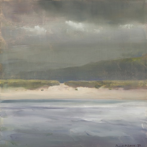 a painting by Randall Exon of a white sand beach in Ireland, as gray clouds roll overhead