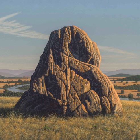 David Ligare (b. 1945), "Landscape with an Owl (Athene Noctua)," 2024. Oil on canvas, 40 x 50 in. (detail).