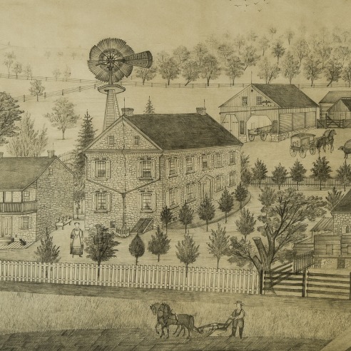  FERDINAND BRADER (1833–by 1901), "The Property of Elias and Catharina Winter, Oleytown, Berks Co.," 1882. Pencil on paper, 31 1/2 x 51 1/2 in. (detail).