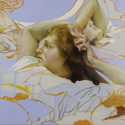 a painting by Angela Fraleigh of three women laying in repose, taken from art historical sources