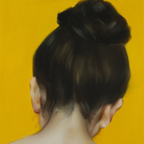 painting of the back of a woman's head with her hair in a bun with a bright pumpkin-colored background