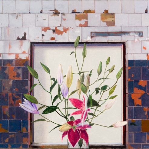 a painting by John Moore of lilies against an industrial background