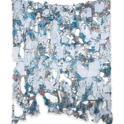 Bloom, 2019, Mixed Media, Deconstructed quilt, hand stitching, image transfer, acrylic and spray paint, 78 x 61 inches