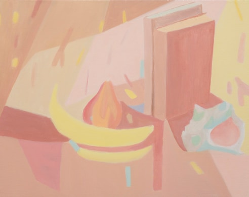 pink, red painting of fruit and books
