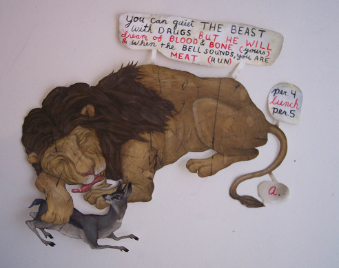 lion sleeping, with sign reading 'you can quiet the beast with drugs but he will dream of blood & bone (yours) & when the bell sounds, you are meat'