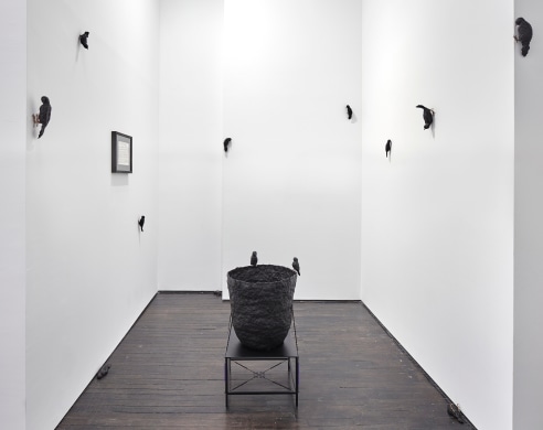 Black bird sculptures posed on walls