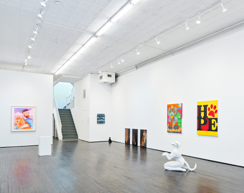 Installation view showing several pieces of art related to dogs
