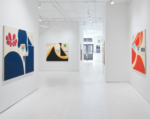 Installation of large abstract paintings featuring poodles 