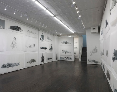 Installation view of Hours, with several dyed silk pieces 