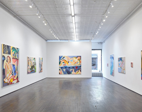 Installation photo of Danielle Orchard exhibition, showing several oil paintings 