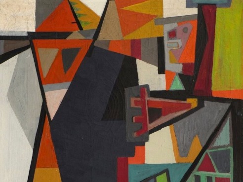 Painting of geometric shapes separated by black lines in a variety of oranges, greens, blues, and greys. On the top left there is a shape resembling the side profile of a human face. 