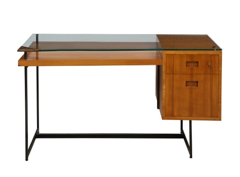 Fruitwood desk with glass top by Adnet